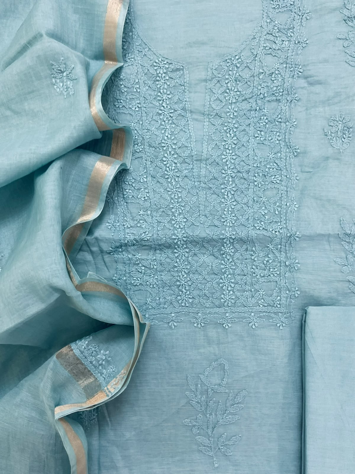 Pure Chanderi Embroidered Suit - Blue