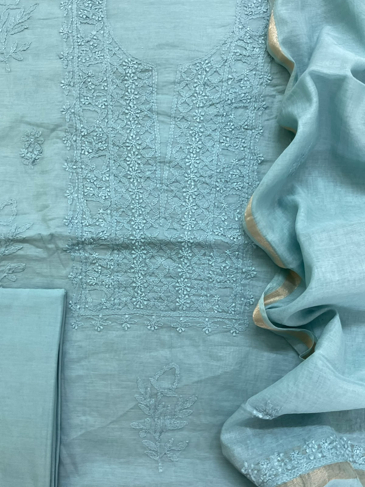 Pure Chanderi Embroidered Suit - Blue