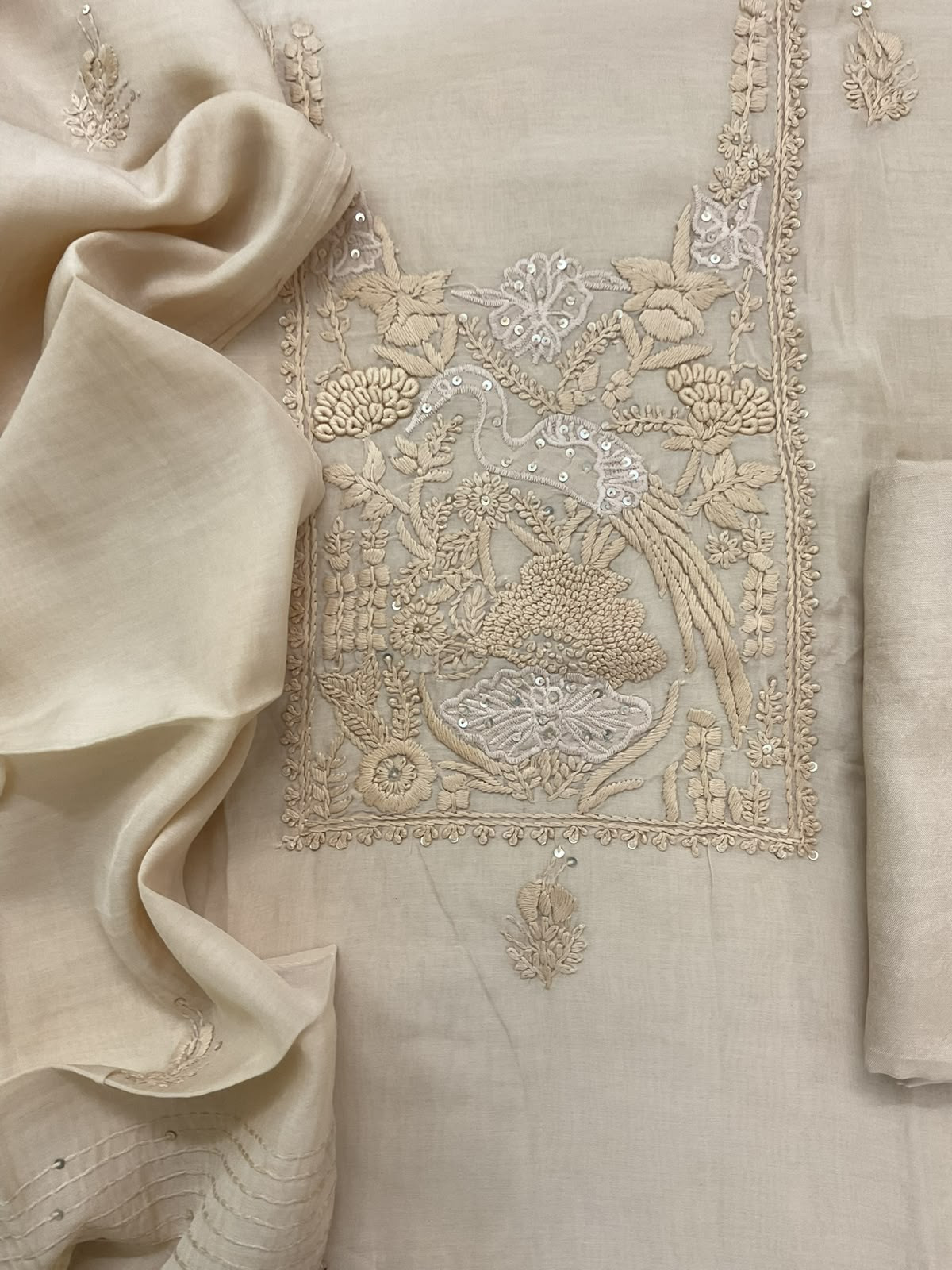 Soft Chanderi Embroidered Suit - Cream