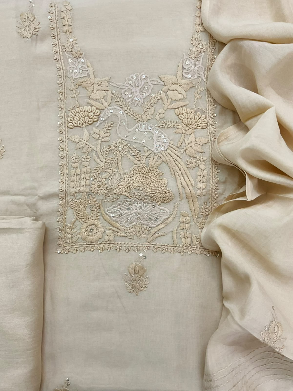 Soft Chanderi Embroidered Suit - Cream