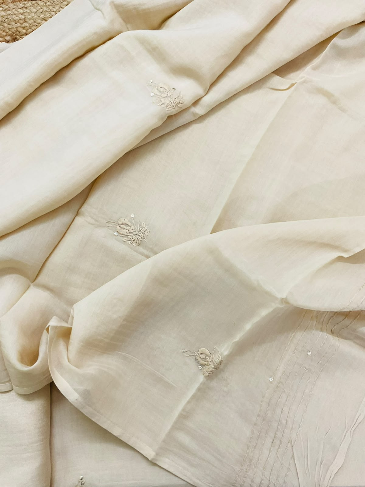 Soft Chanderi Embroidered Suit - Cream