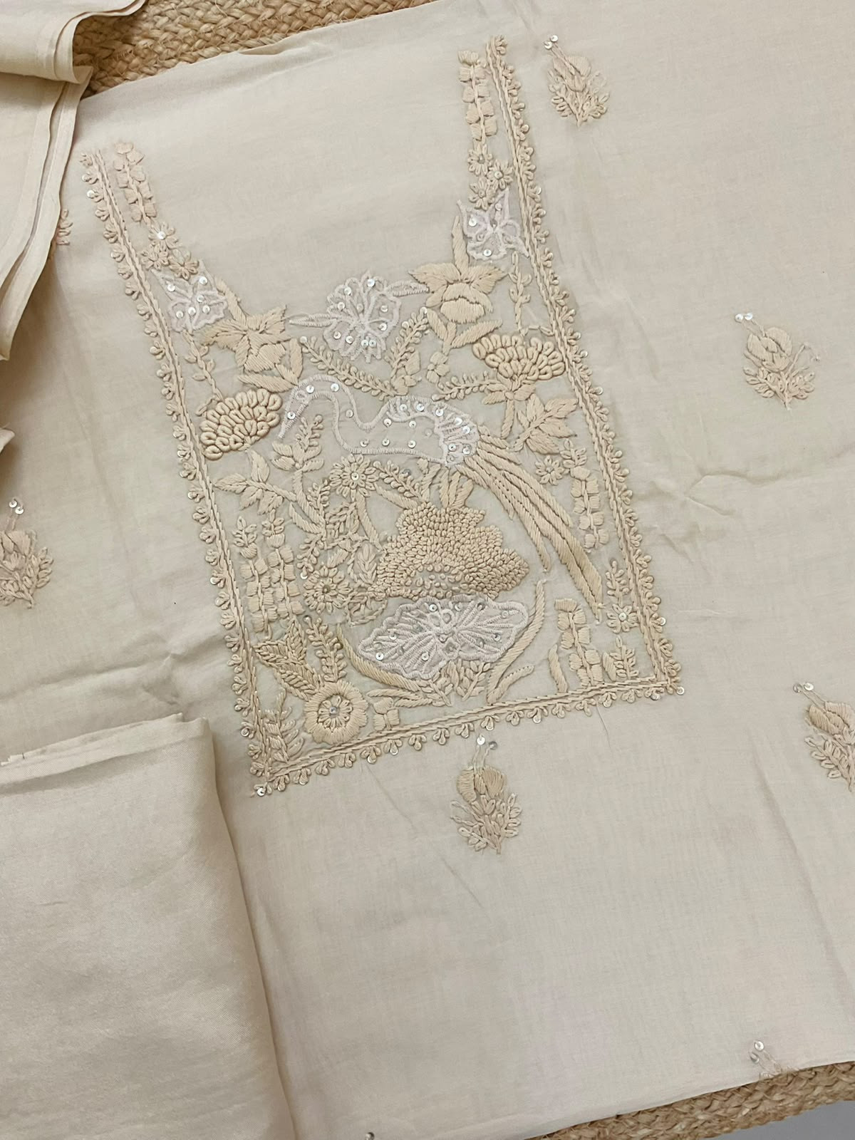 Soft Chanderi Embroidered Suit - Cream