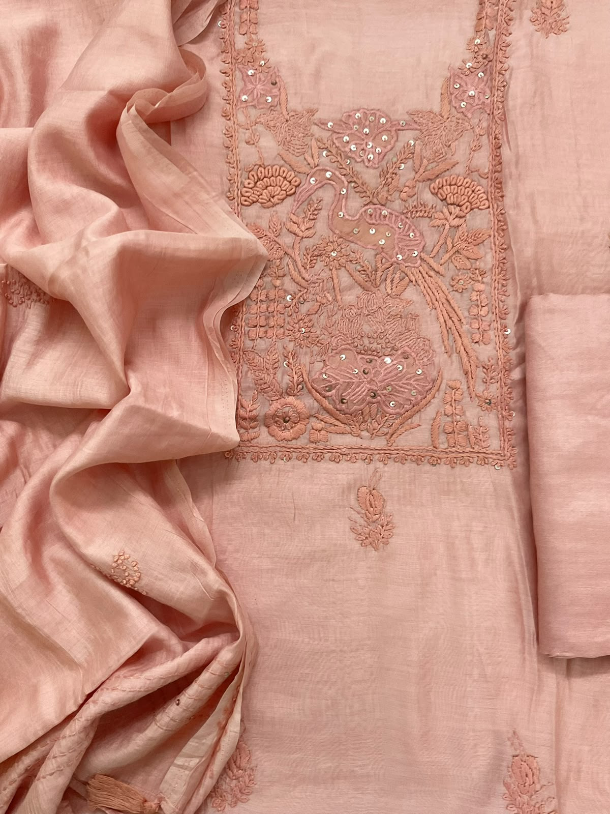 Soft Chanderi Embroidered Suit - Peach