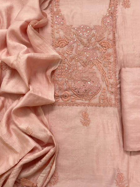 Image of Soft Chanderi Embroidered Suit - Peach