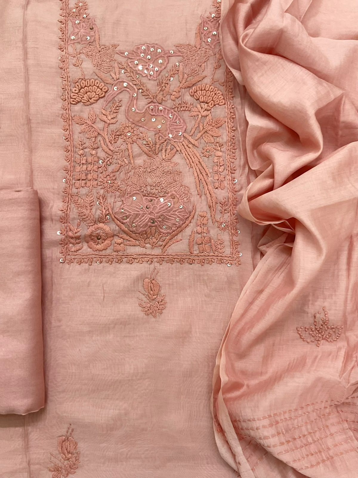 Soft Chanderi Embroidered Suit - Peach