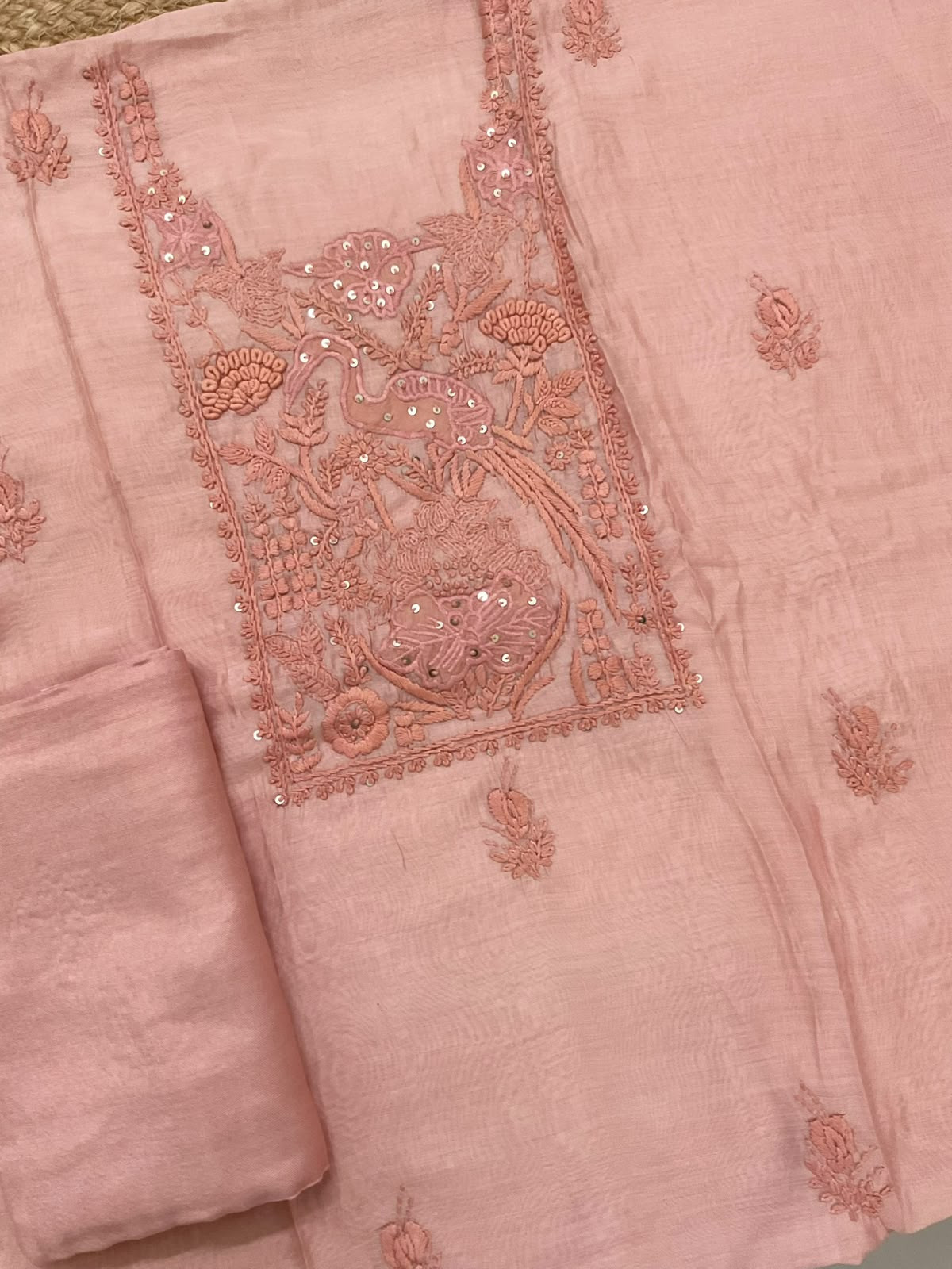 Soft Chanderi Embroidered Suit - Peach