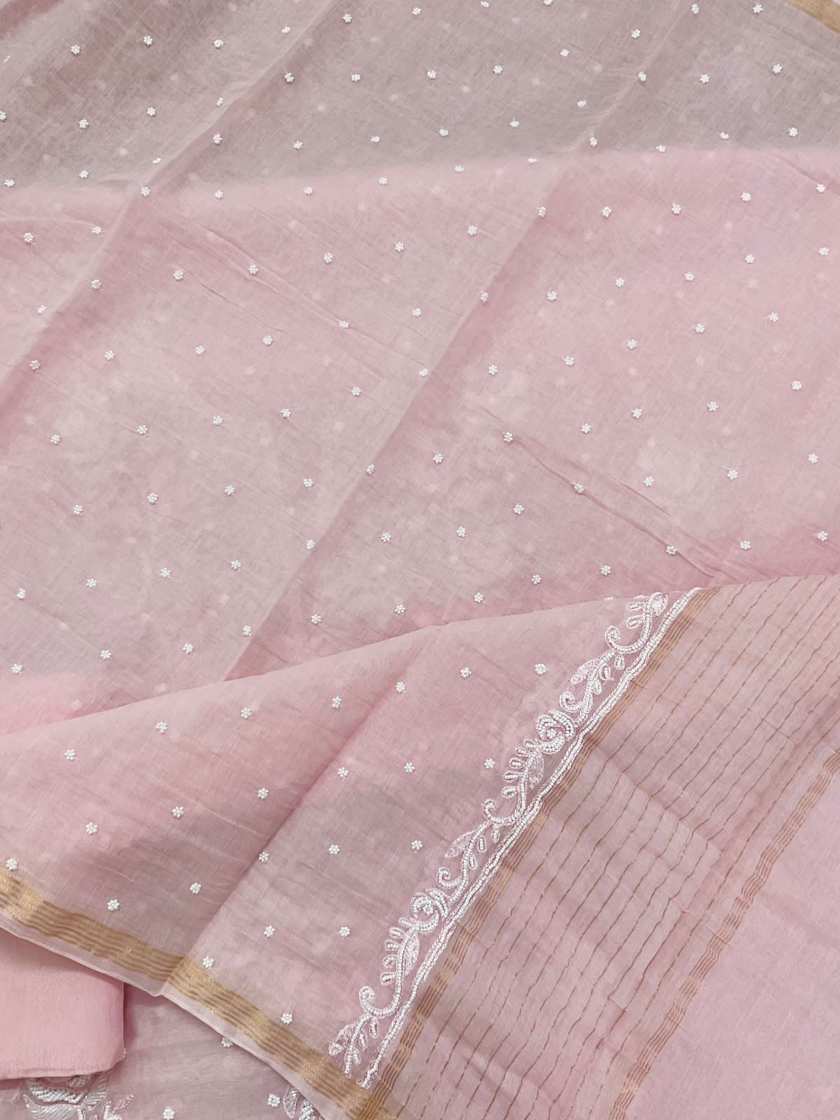 Pure Chanderi Pearl Embroidered Suit - Pink