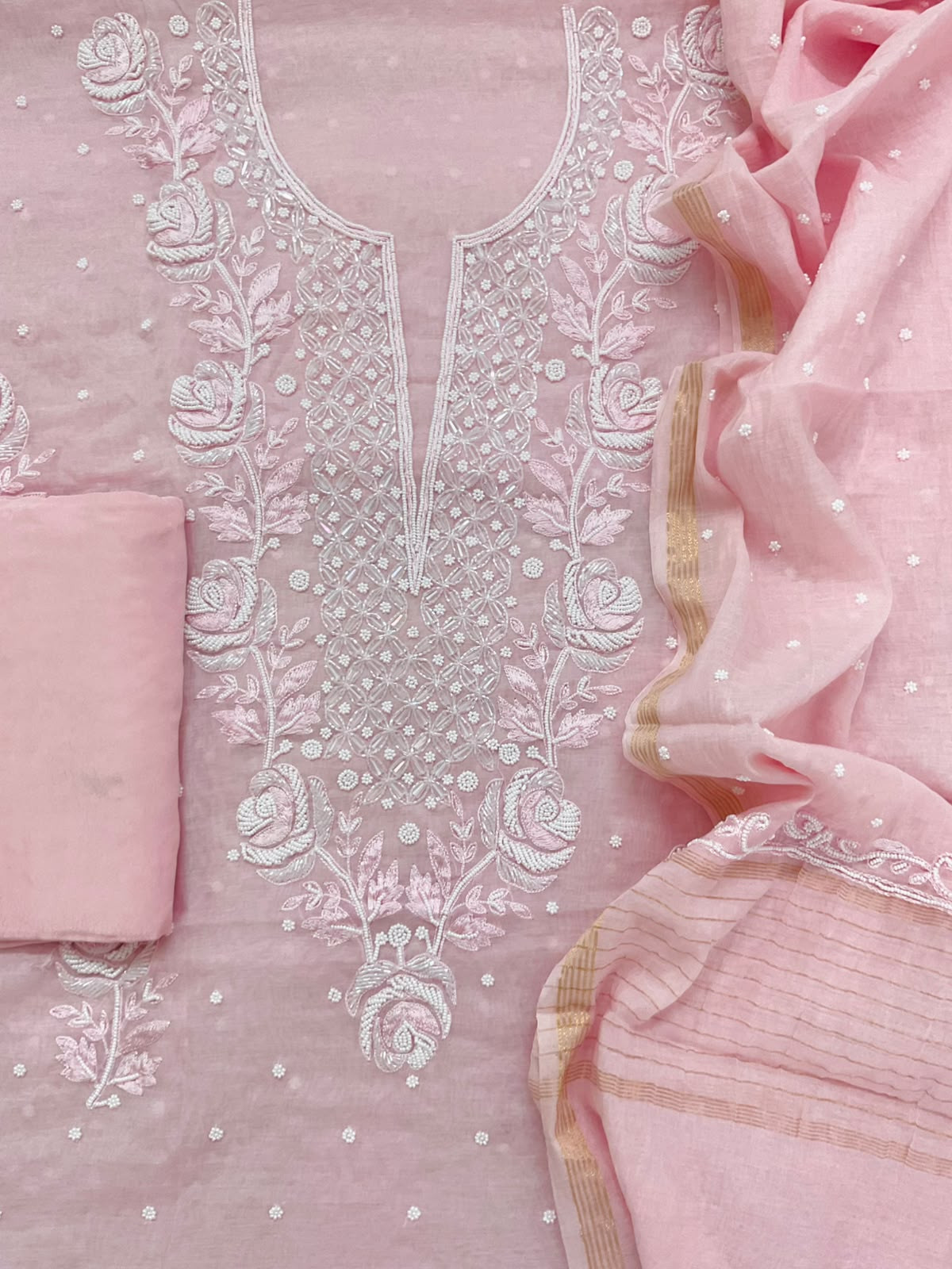 Pure Chanderi Pearl Embroidered Suit - Pink