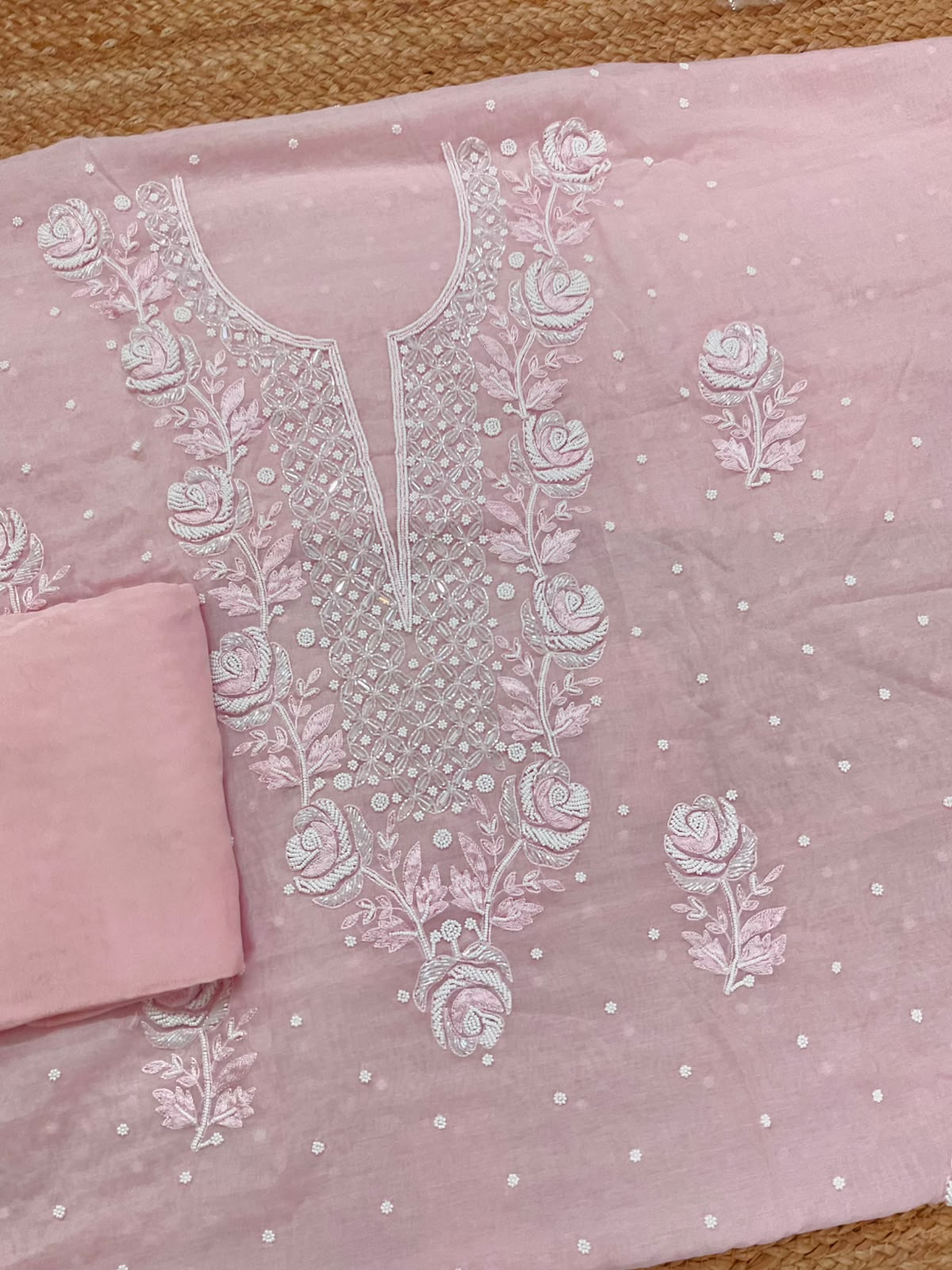 Pure Chanderi Pearl Embroidered Suit - Pink