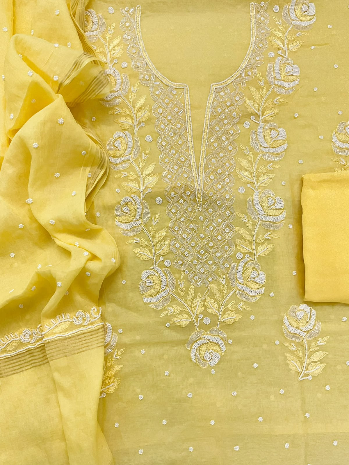 Pure Chanderi Pearl Embroidered Suit - Yellow