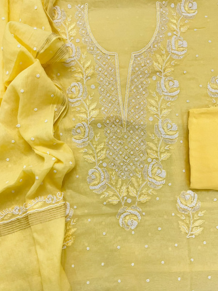 Image of Pure Chanderi Pearl Embroidered Suit - Yellow