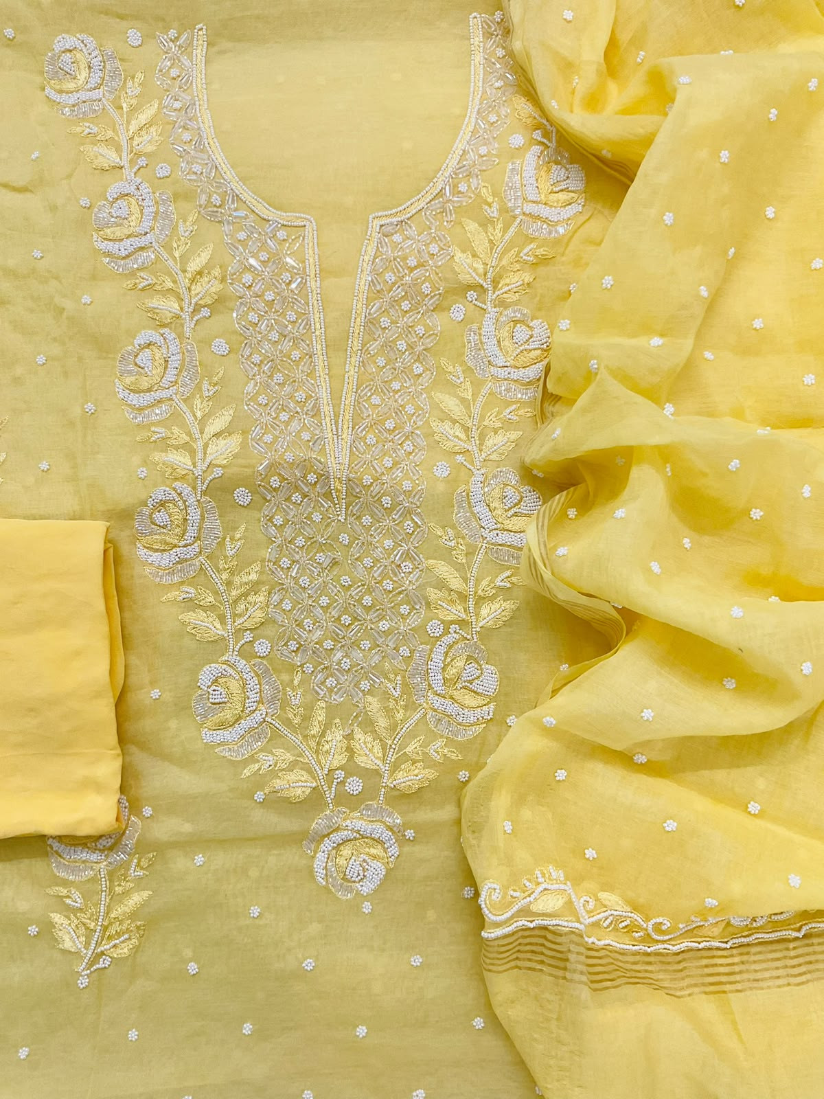 Pure Chanderi Pearl Embroidered Suit - Yellow