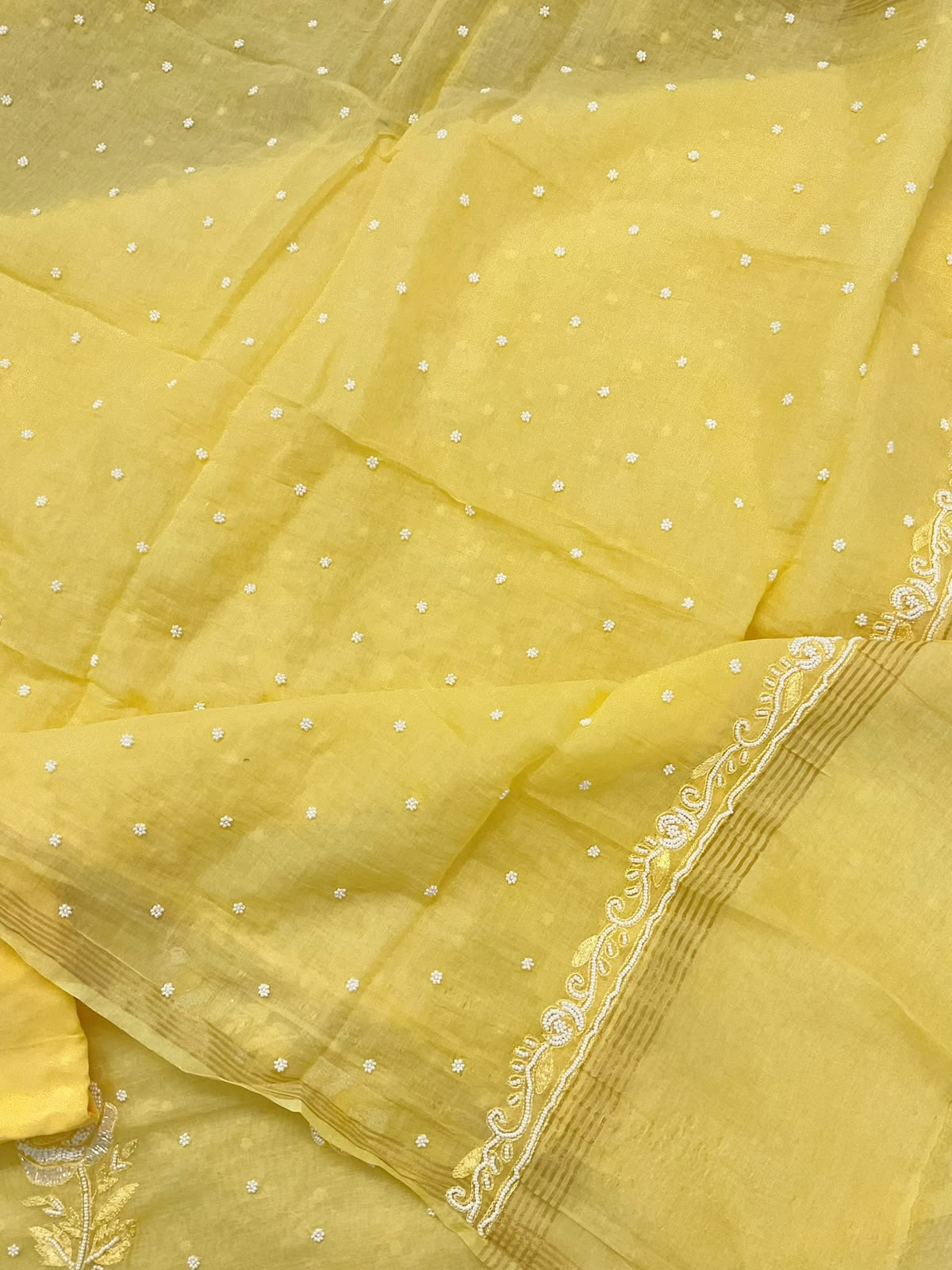 Pure Chanderi Pearl Embroidered Suit - Yellow
