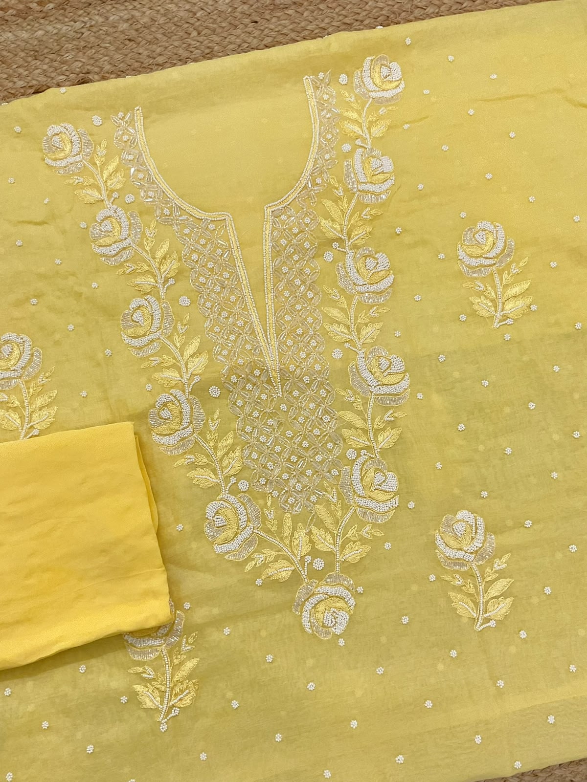 Pure Chanderi Pearl Embroidered Suit - Yellow