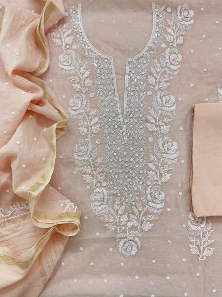 Image of Pure Chanderi Pearl Embroidered Suit - Peach