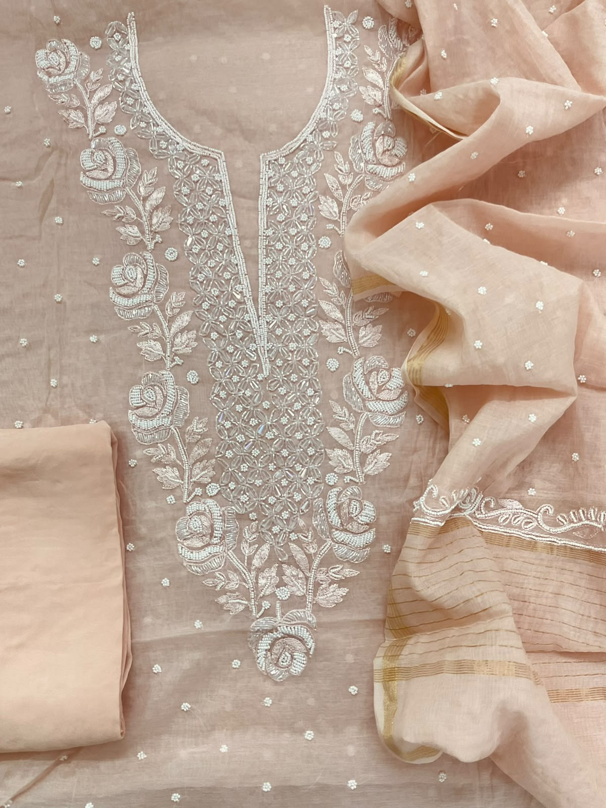 Pure Chanderi Pearl Embroidered Suit - Peach