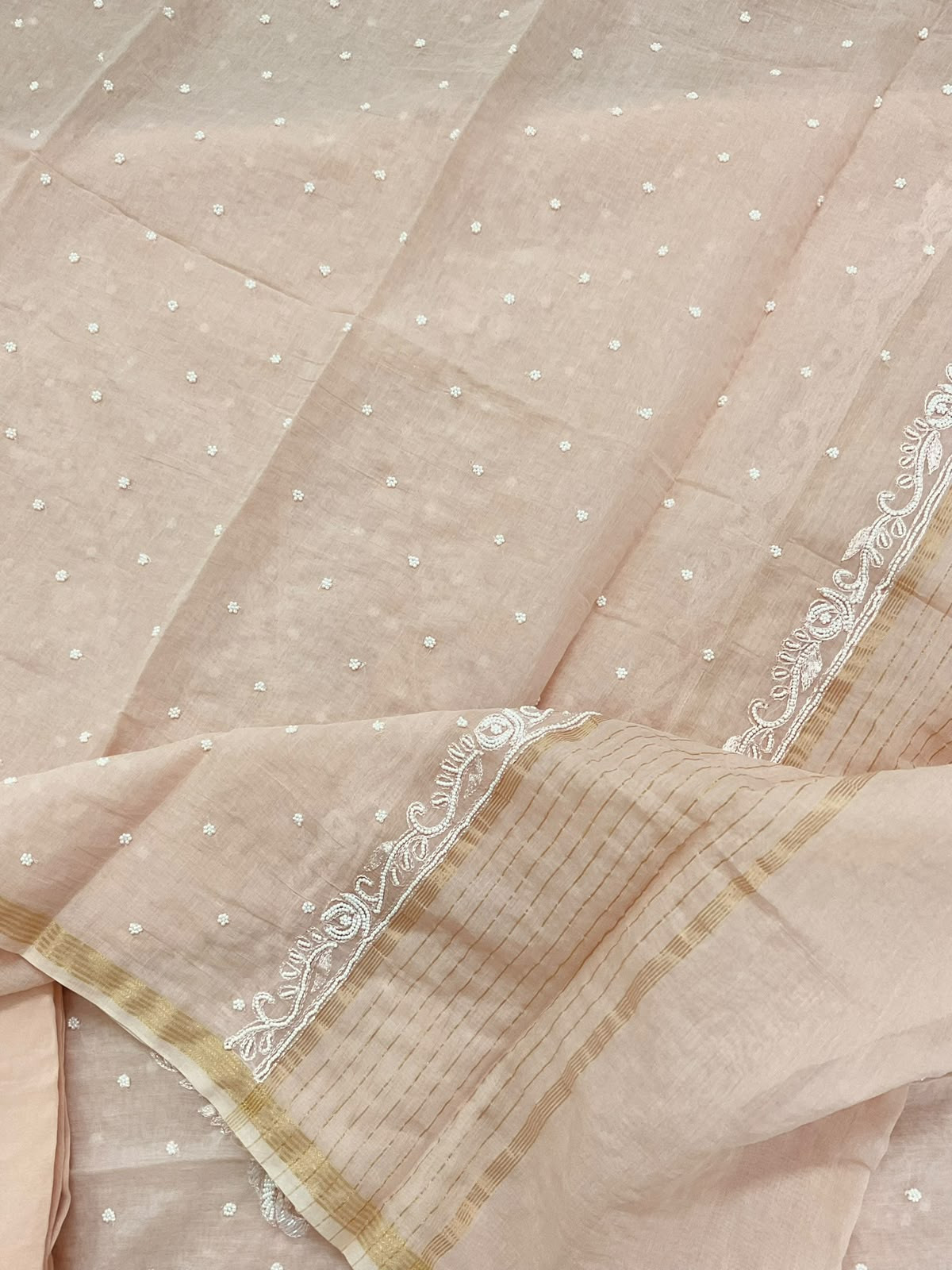 Pure Chanderi Pearl Embroidered Suit - Peach