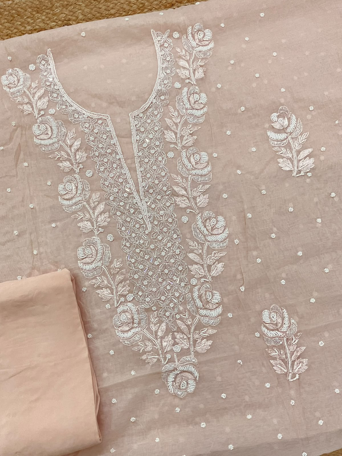 Pure Chanderi Pearl Embroidered Suit - Peach