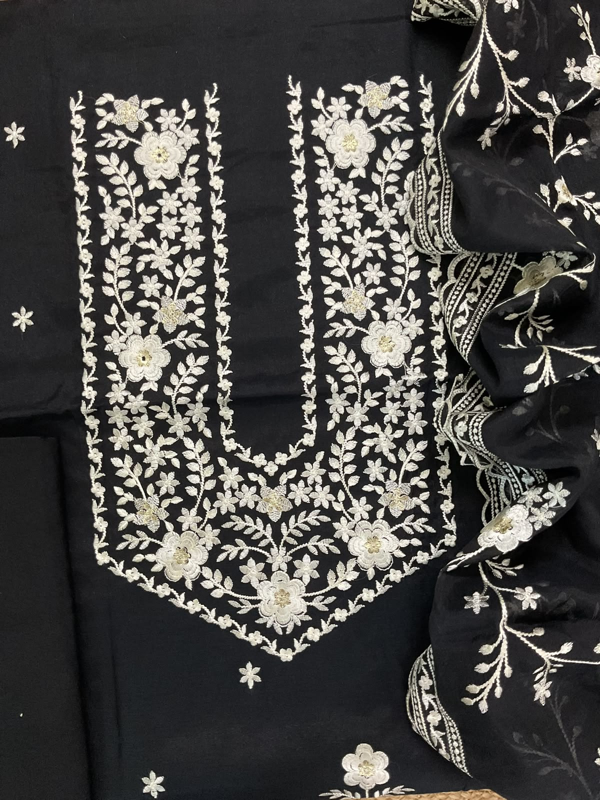 Soft Chanderi Embroidered Suit - Black
