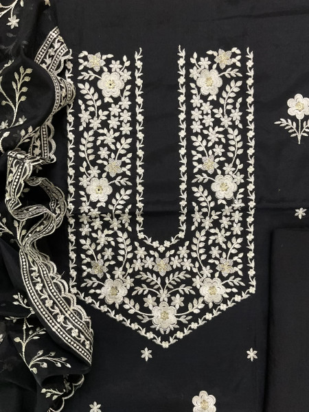 Image of Soft Chanderi Embroidered Suit - Black