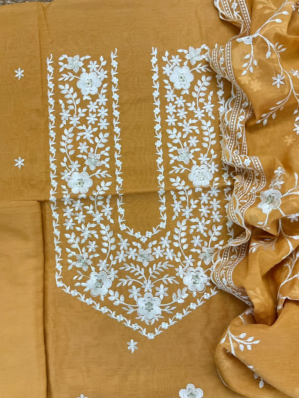 Soft Chanderi Embroidered Suit - Organish Yellow