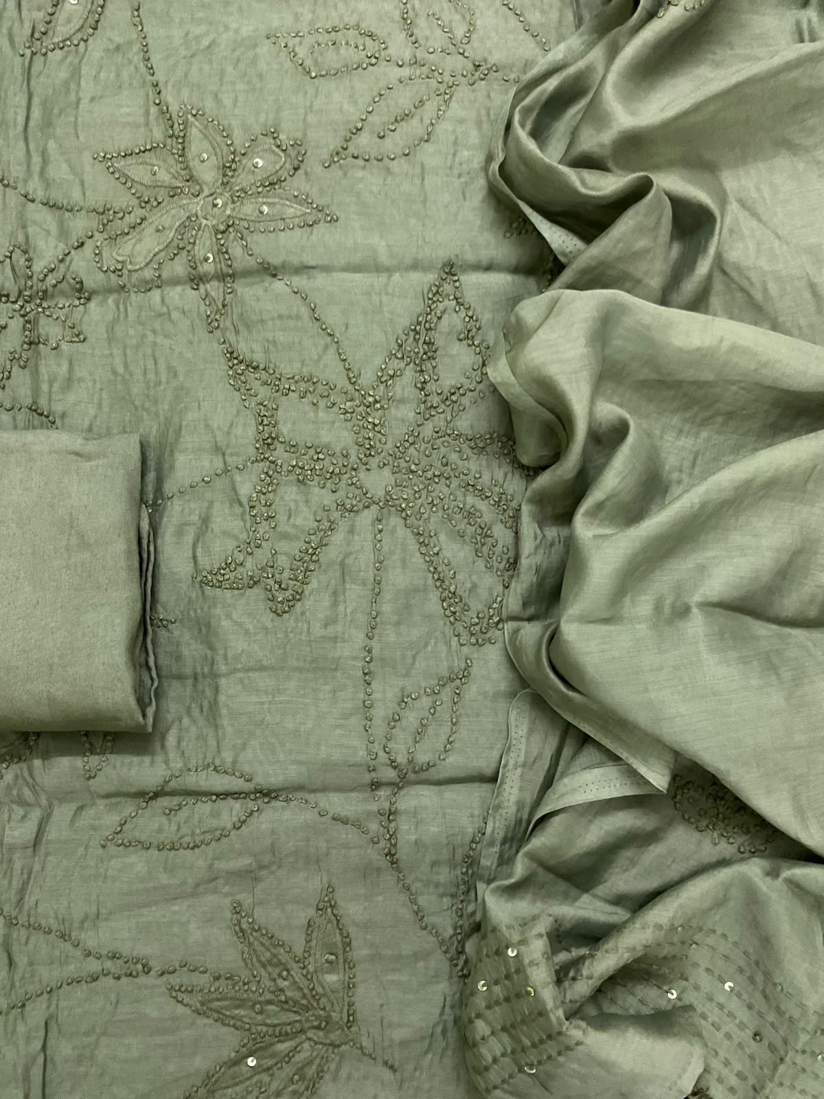 Soft Chanderi Embroidered Suit - Green