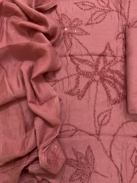 Image of Soft Chanderi Embroidered Suit - Peachish Pink