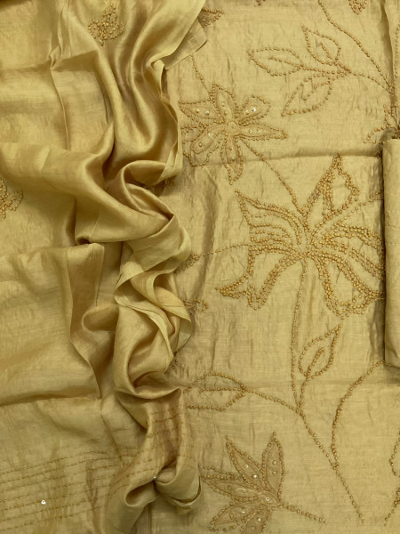 Image of Soft Chanderi Embroidered Suit - Mustard