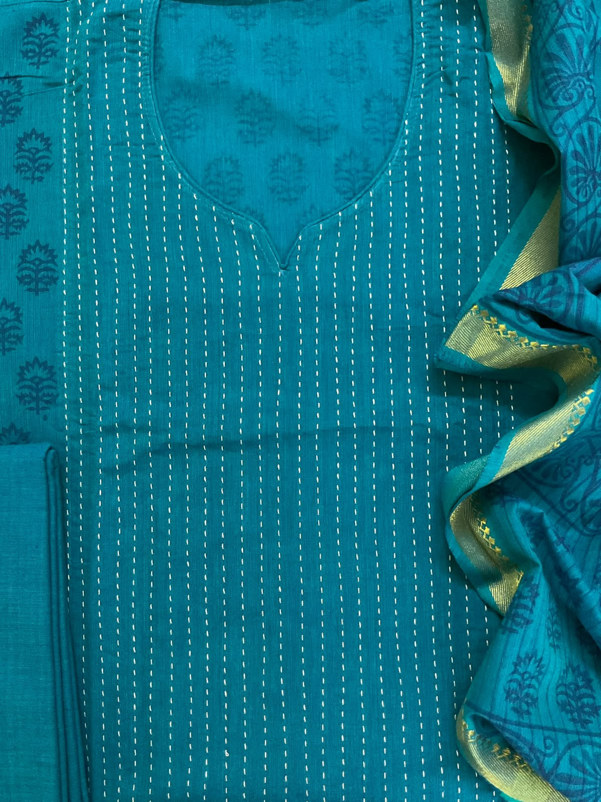 Pure Handloom Cotton Printed Embroidered Suit - Peacock Blue