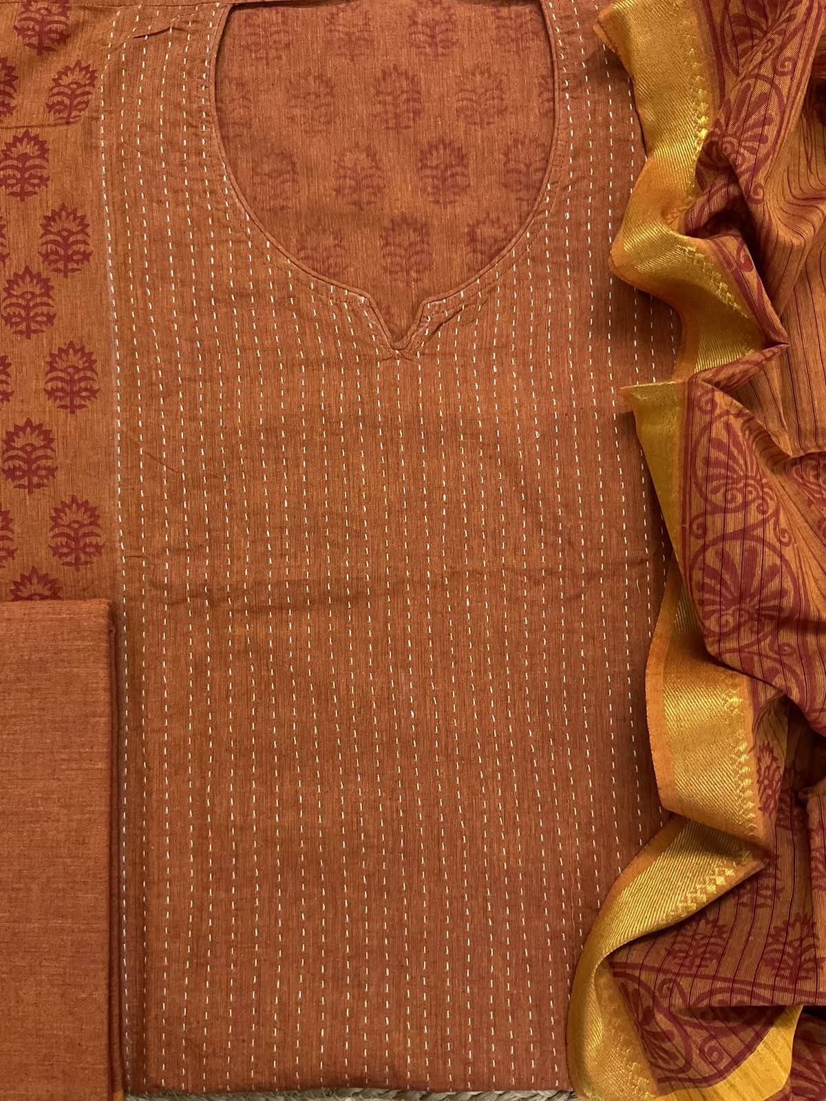 Pure Handloom Cotton Printed Embroidered Suit - Orange