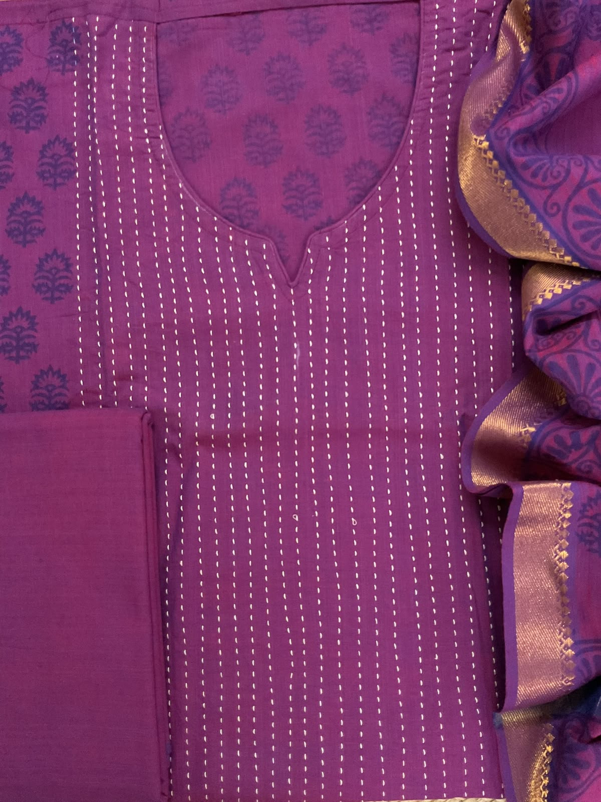 Pure Handloom Cotton Printed Embroidered Suit - Violet