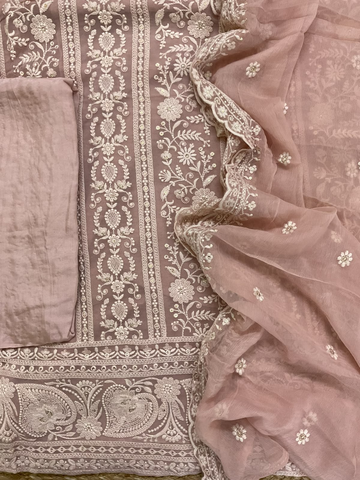 Pure Georgette Embroidered Suit - Onion Pink