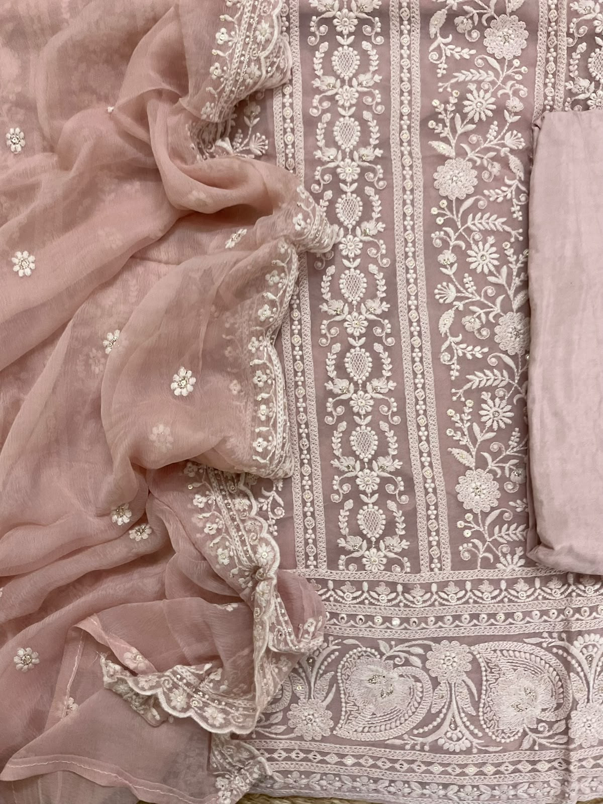 Pure Georgette Embroidered Suit - Onion Pink