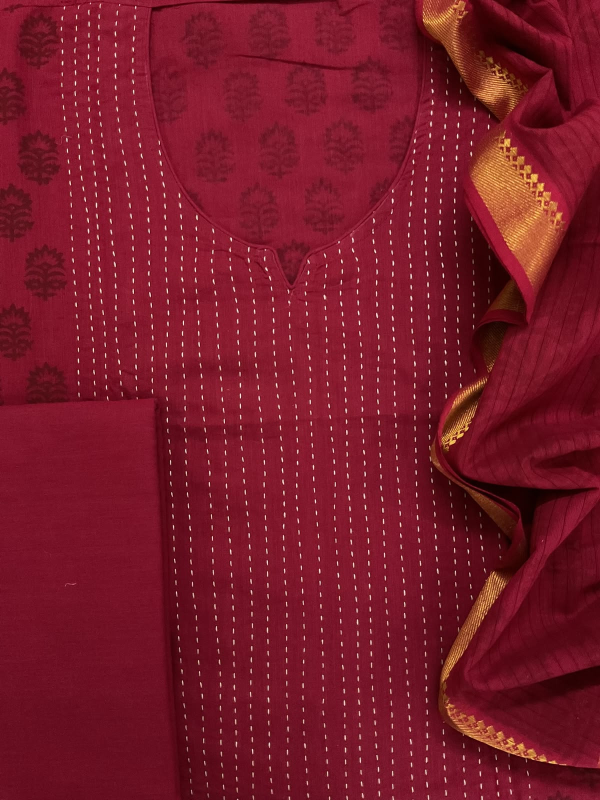 Pure Handloom Cotton Printed Embroidered Suit - Red