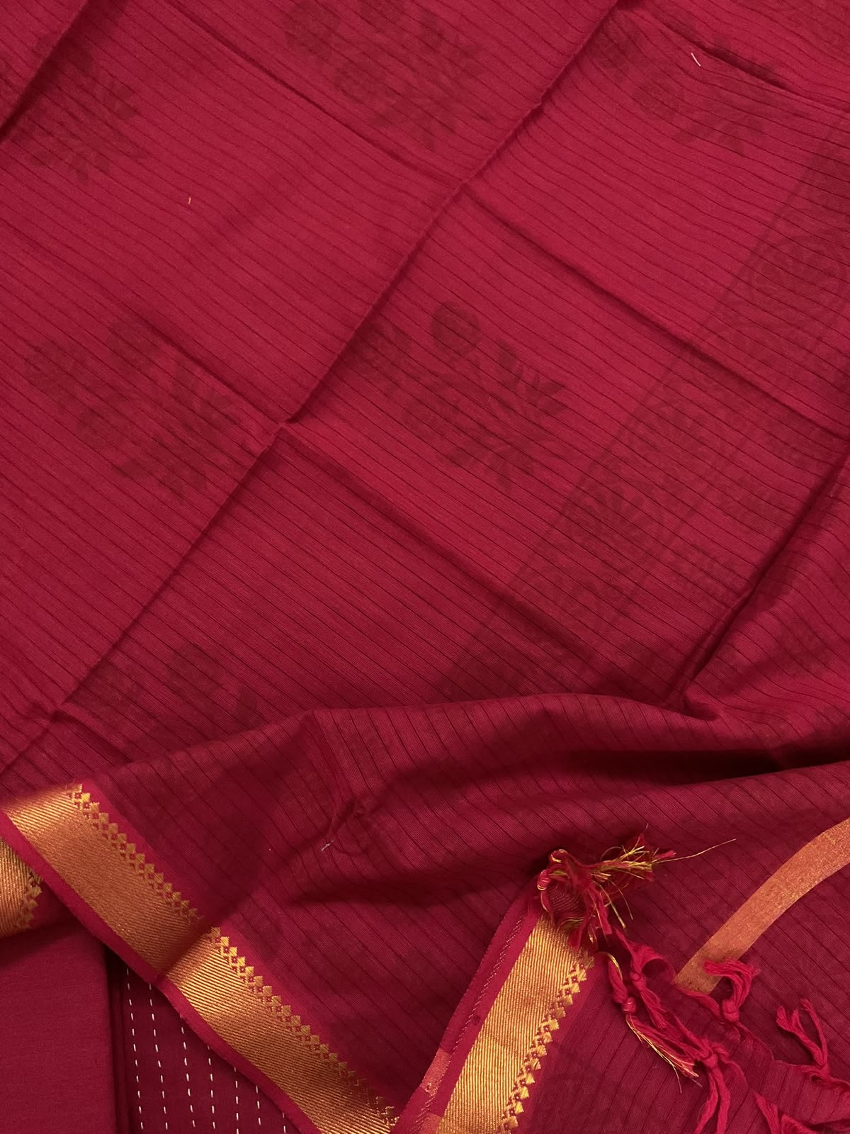 Pure Handloom Cotton Printed Embroidered Suit - Red