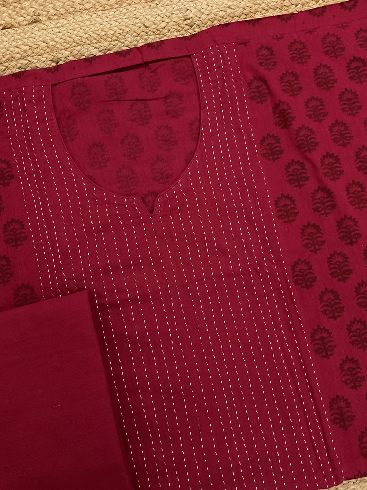 Pure Handloom Cotton Printed Embroidered Suit - Red