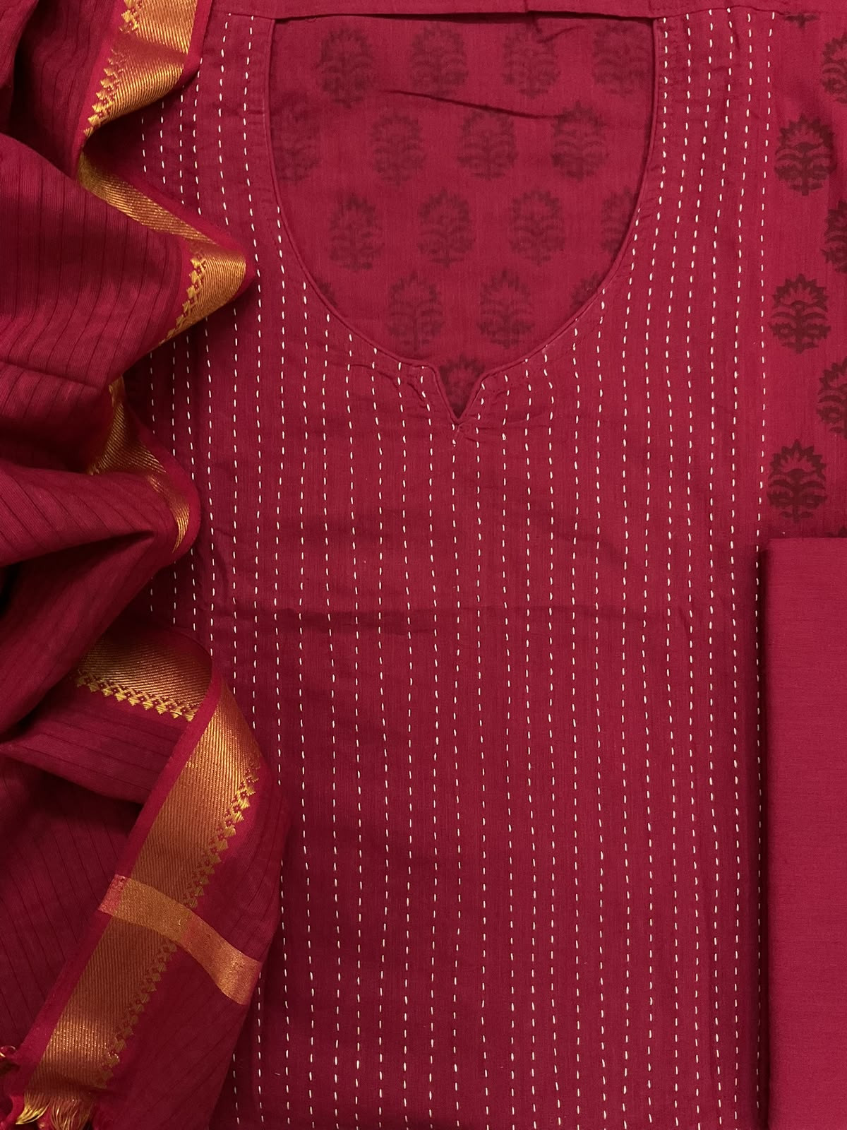 Pure Handloom Cotton Printed Embroidered Suit - Red