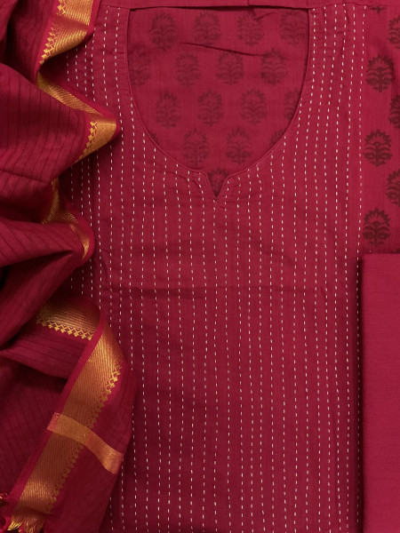 Image of Pure Handloom Cotton Printed Embroidered Suit - Red