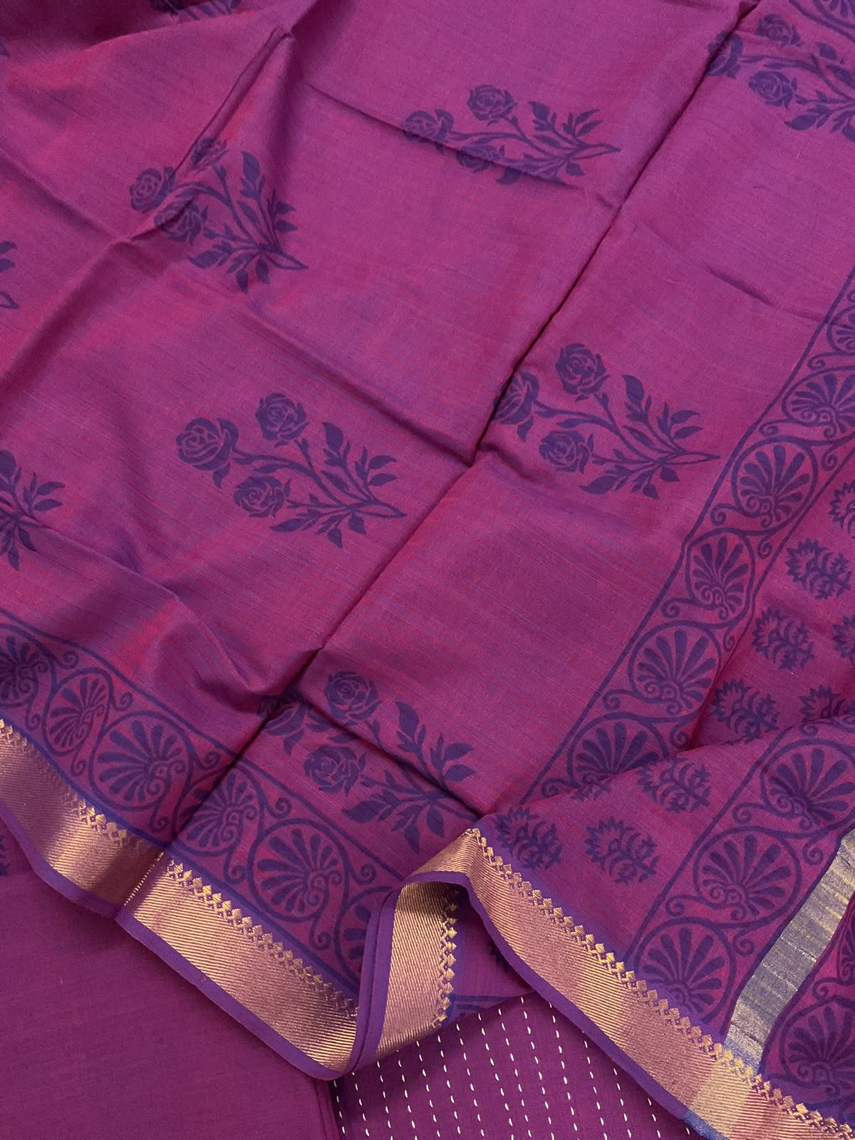 Pure Handloom Cotton Printed Embroidered Suit - Violet
