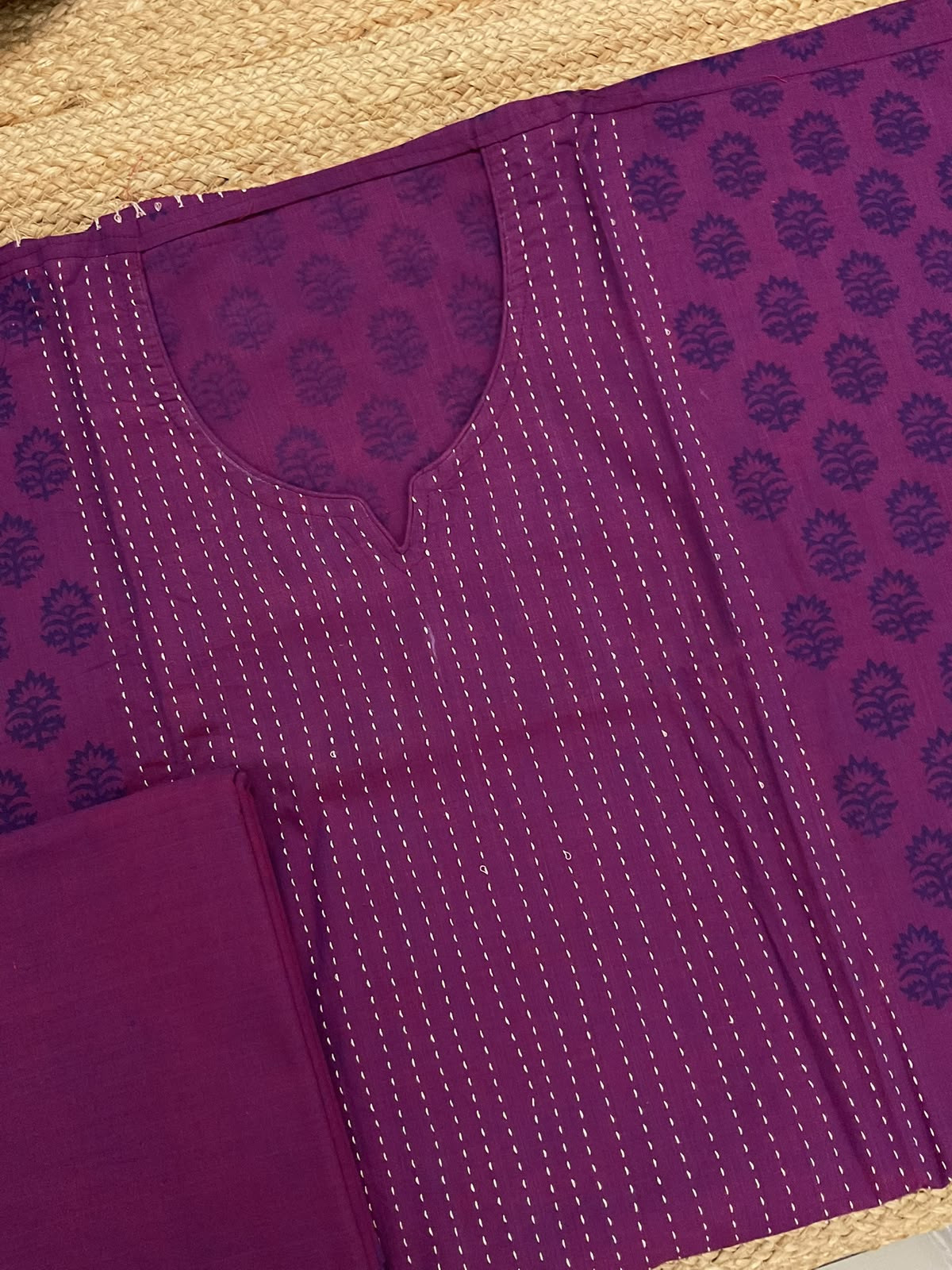 Pure Handloom Cotton Printed Embroidered Suit - Violet