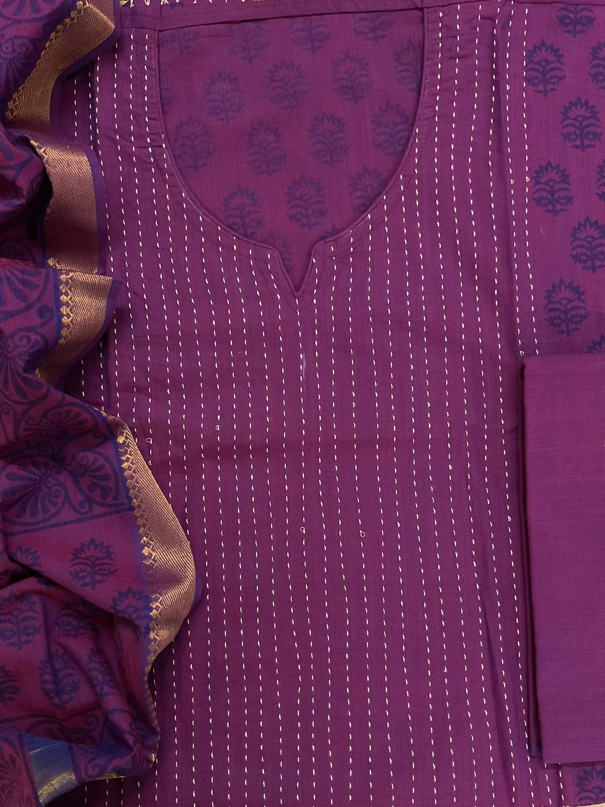 Pure Handloom Cotton Printed Embroidered Suit - Violet