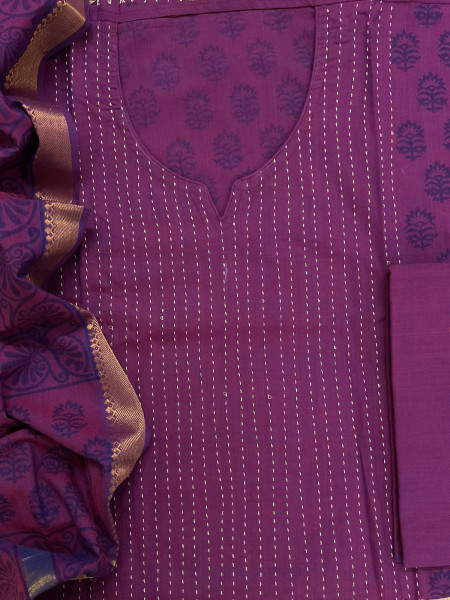 Image of Pure Handloom Cotton Printed Embroidered Suit - Violet