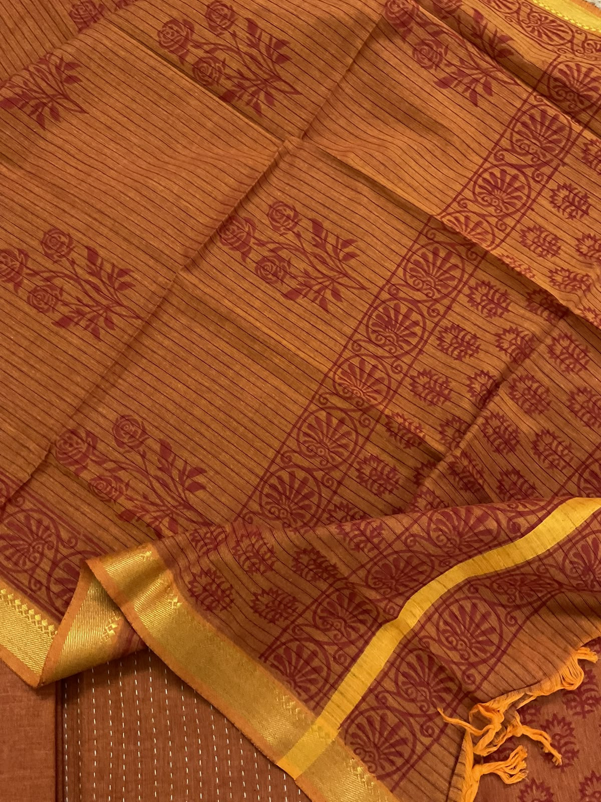Pure Handloom Cotton Printed Embroidered Suit - Orange