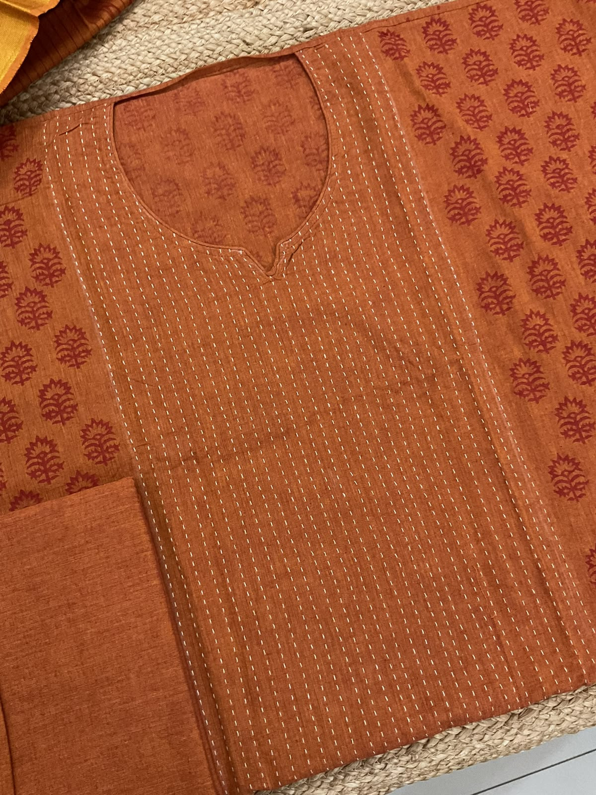 Pure Handloom Cotton Printed Embroidered Suit - Orange