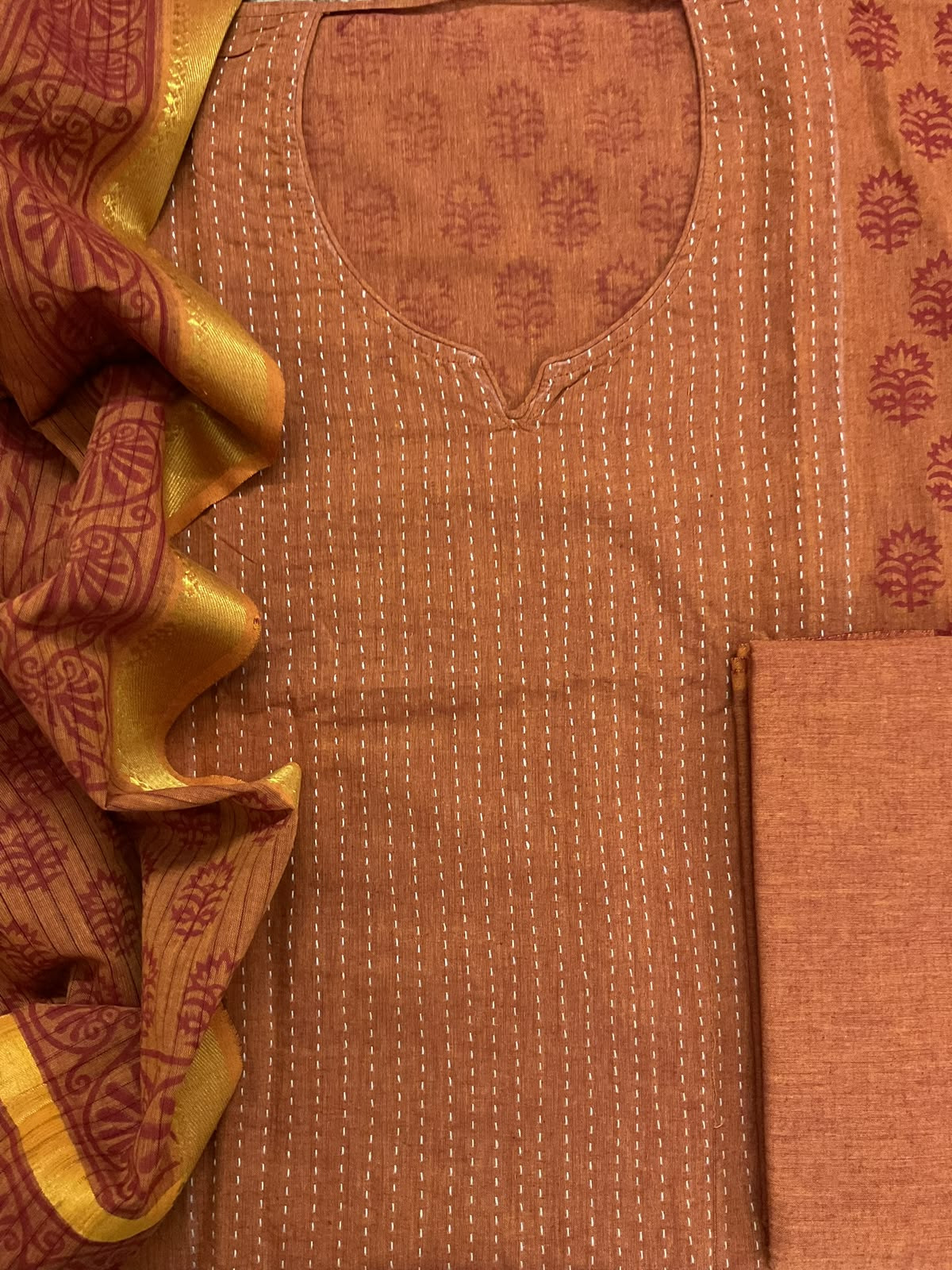 Pure Handloom Cotton Printed Embroidered Suit - Orange