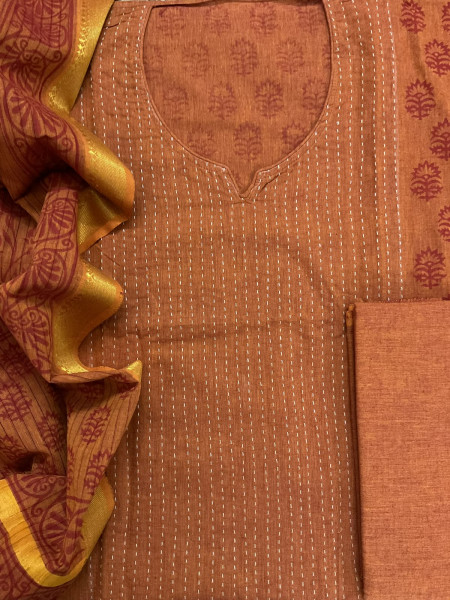 Image of Pure Handloom Cotton Printed Embroidered Suit - Orange