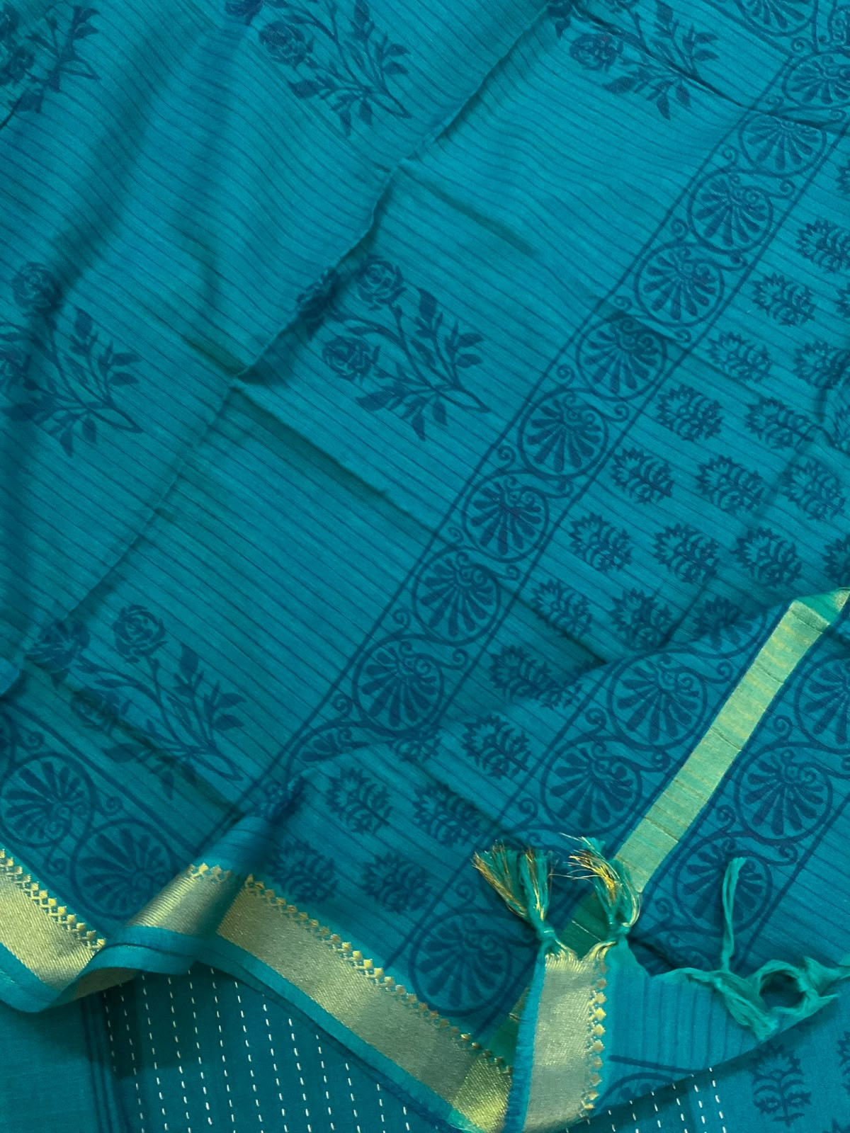 Pure Handloom Cotton Printed Embroidered Suit - Peacock Blue