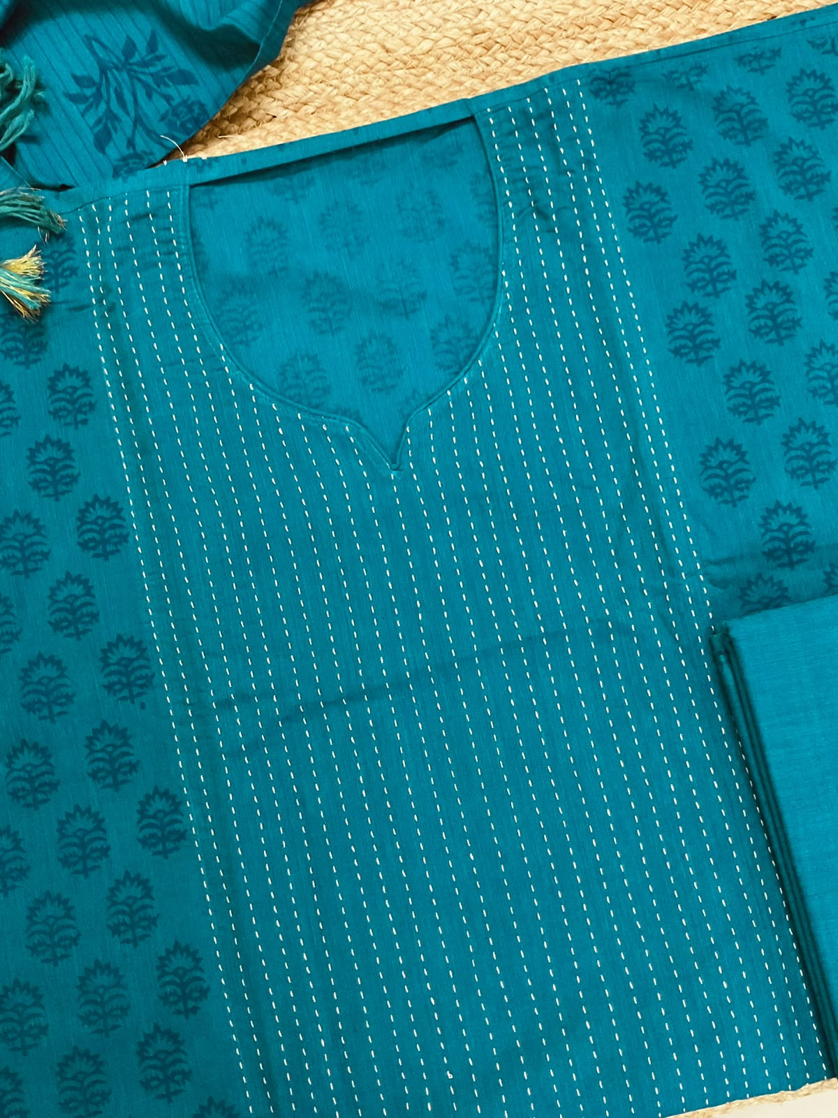 Pure Handloom Cotton Printed Embroidered Suit - Peacock Blue