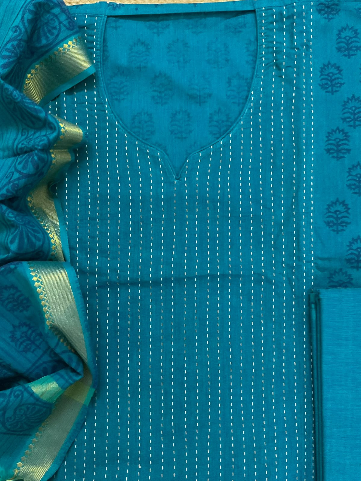 Pure Handloom Cotton Printed Embroidered Suit - Peacock Blue