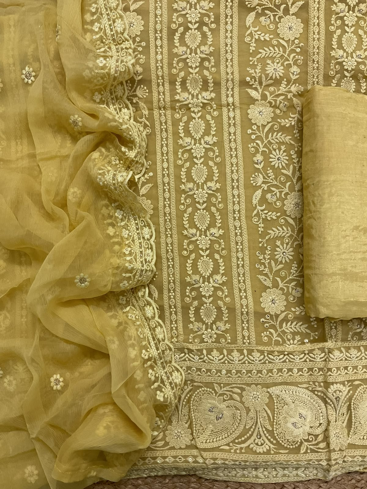 Pure Georgette Embroidered Suit - Yellow